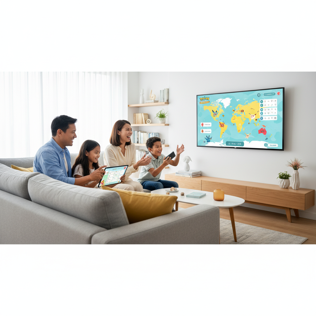 Famille heureuse jouant ensemble aux jeux éducatifs Pokémon sur ordinateur